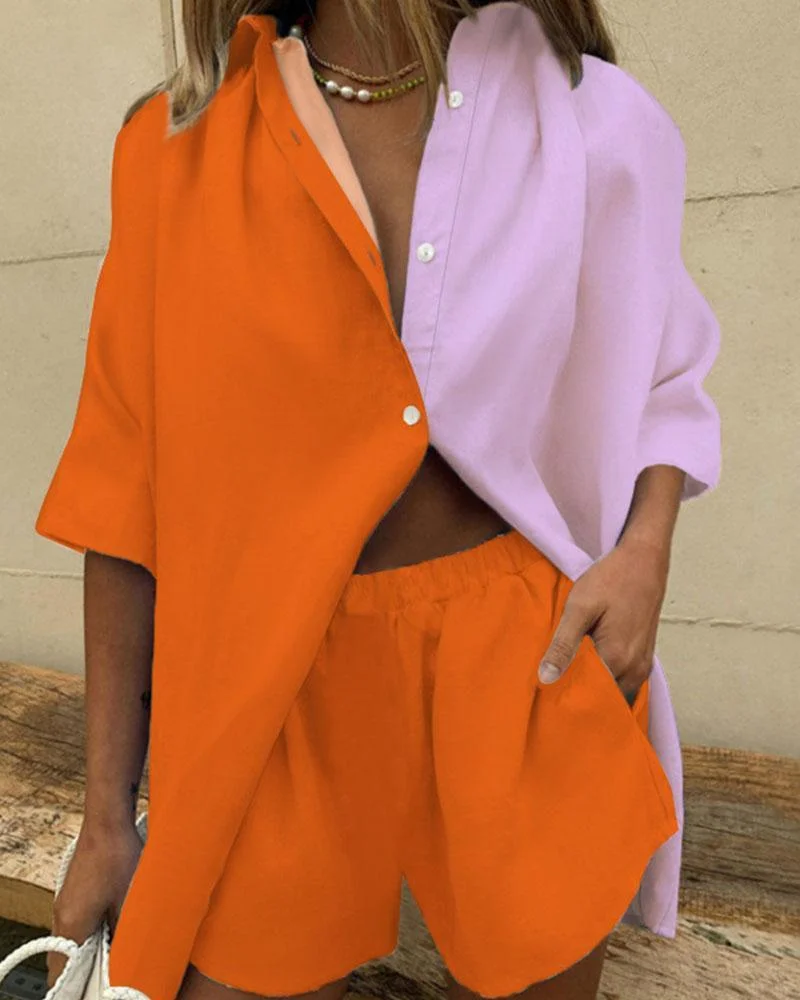 Color Blocked Short Sleeve Shorts Fashion Casual Suit