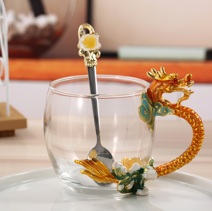 Enameled Dragon And Phoenix Couple Glass Flower Tea Cup