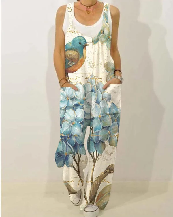 Butterfly Floral Pocket Casual Comfort Jumpsuit