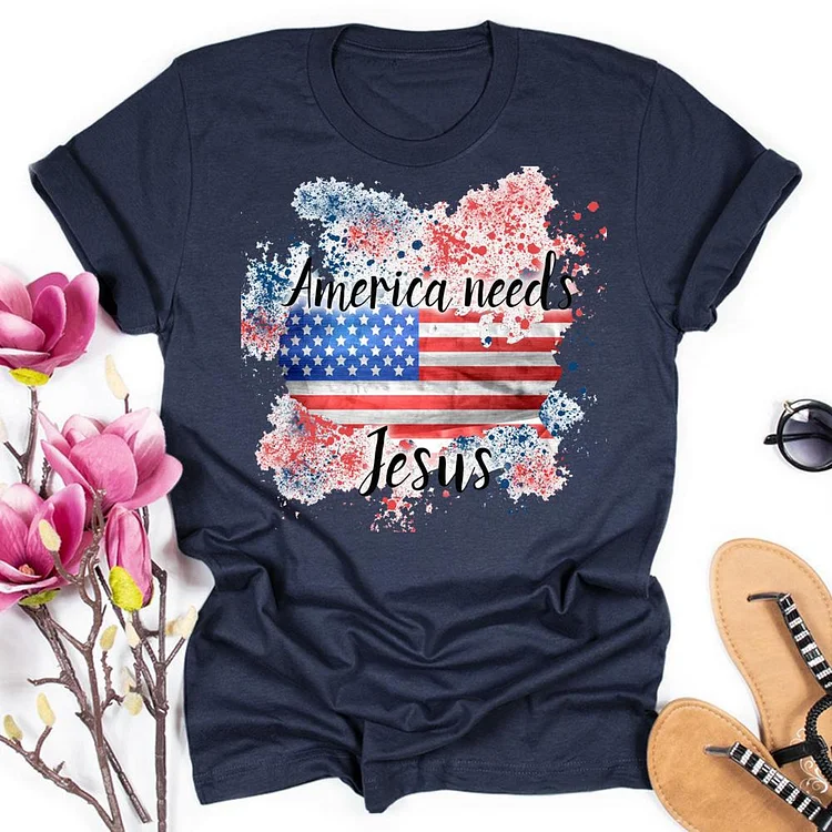 America needs Jesus Round Neck T-shirt-018164