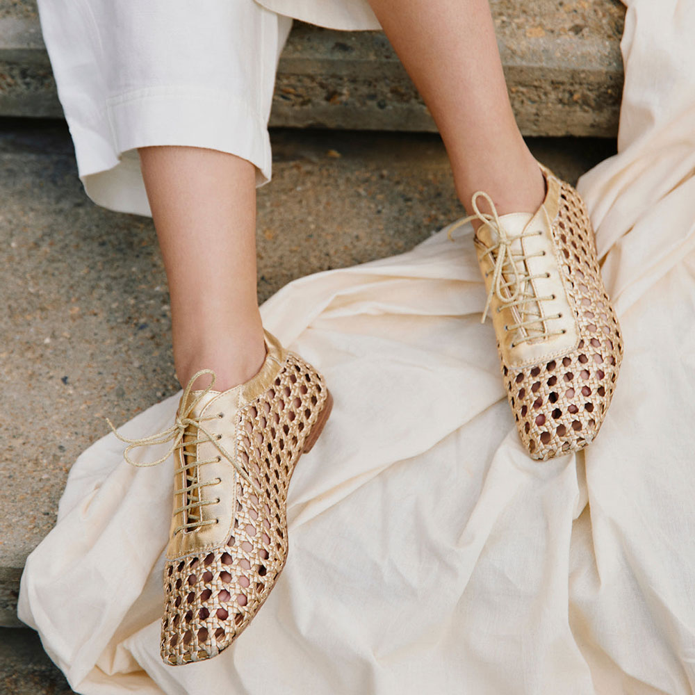 Vegan leather Square Toe Woven Flats Lace-Up Shoes in Gold Nicepairs