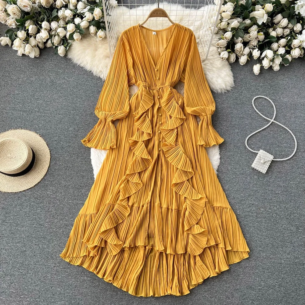 Zingj Zingj Sexy Solid Color V-Neck Pleated Flounce Flared Sleeve To The Dress