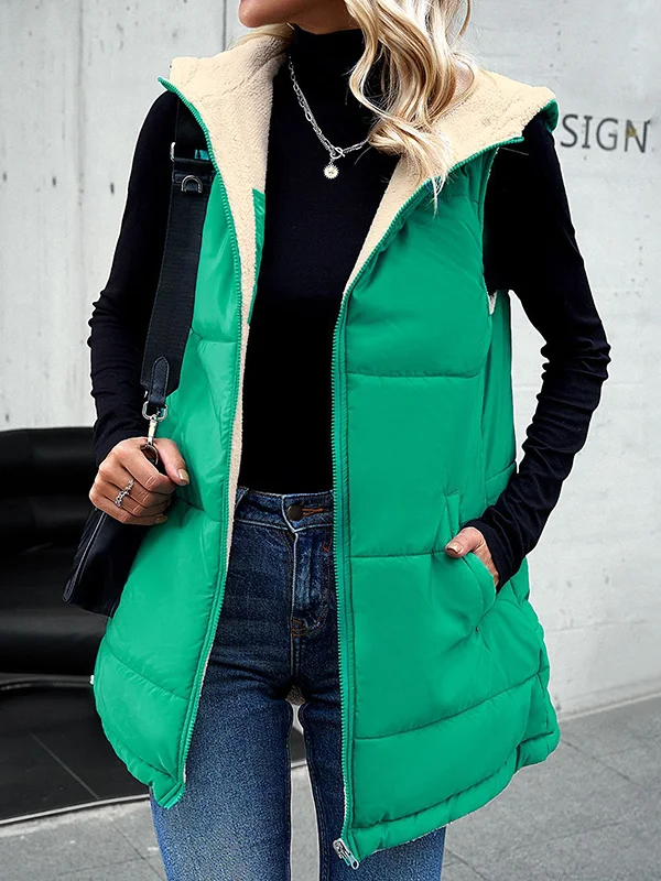Loose Sleeveless Pockets Quilted Reversible Zipper Hooded Padded Vest Vest Outerwear