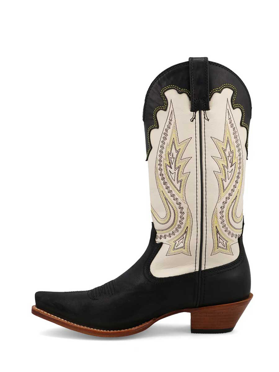 Black & White Patchwork Snip Toe Mid-Calf Heeled Cowgirl Boots