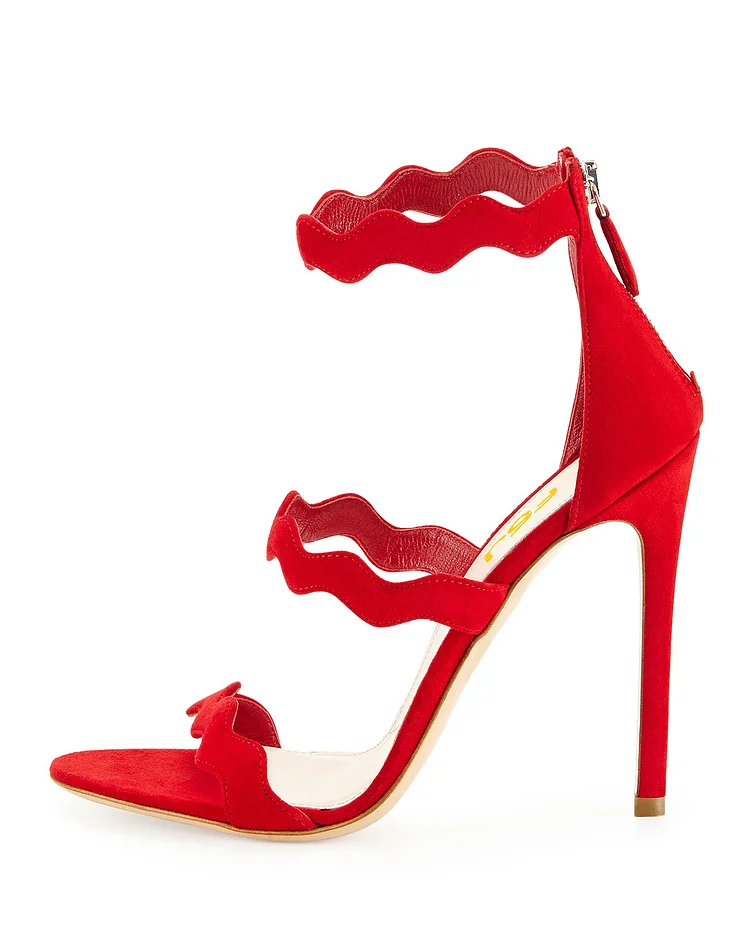 FSJ Red Stiletto Heels Open Toe Three-Strap Suede Sandals |FSJ Shoes
