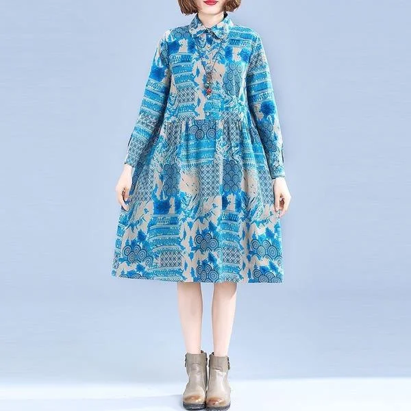 New 2020 Autumn Vintage Print Peter Pan Collar Knee-length Ladies Elegant A-line Dresses