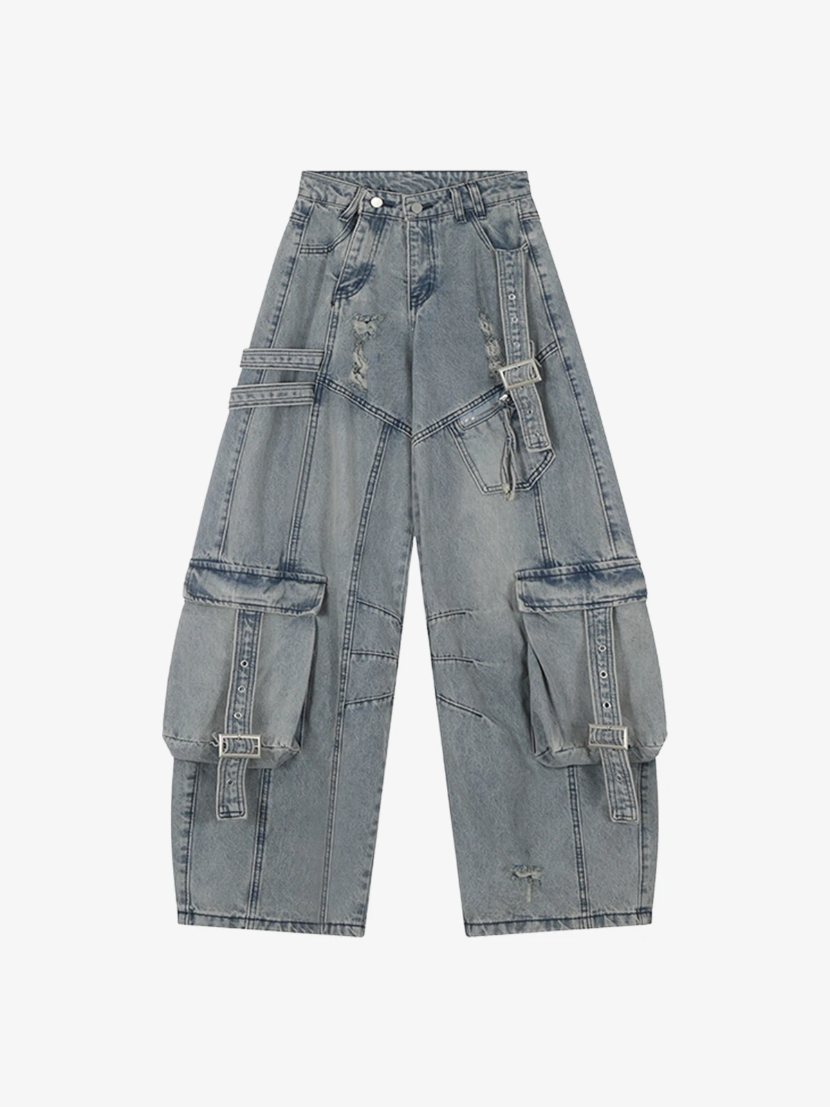 Blue Act Chic Washed Distressed Patchwork Cargo Jeans Front