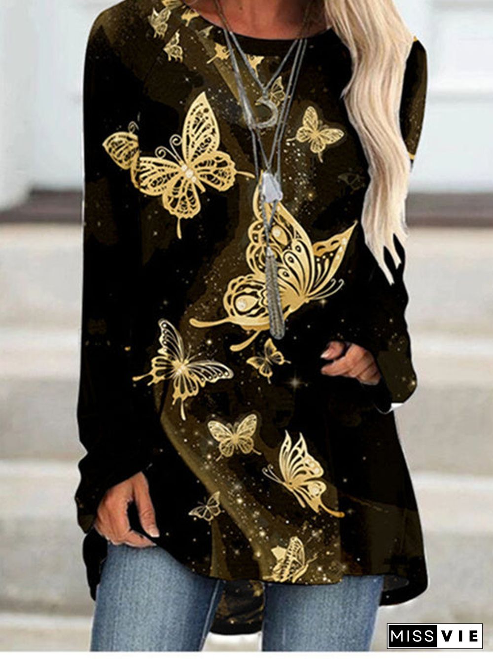 Women's Graphic Printed Long Sleeve Scoop Neck Top