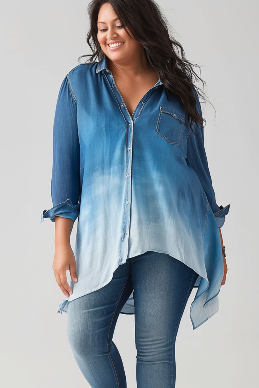 Flycurvy Plus Size Everyday Blue Ombre Roll Tab Irregular Hem Blouse