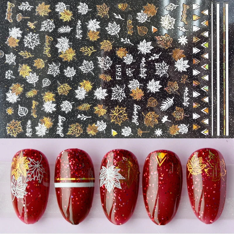 1pcs Black Gold Sping Leaves 3D Nail Sticker Coconut Tree Leaf Pattern Adhesive Transfer Decals Shiny DIY Nail Decoration