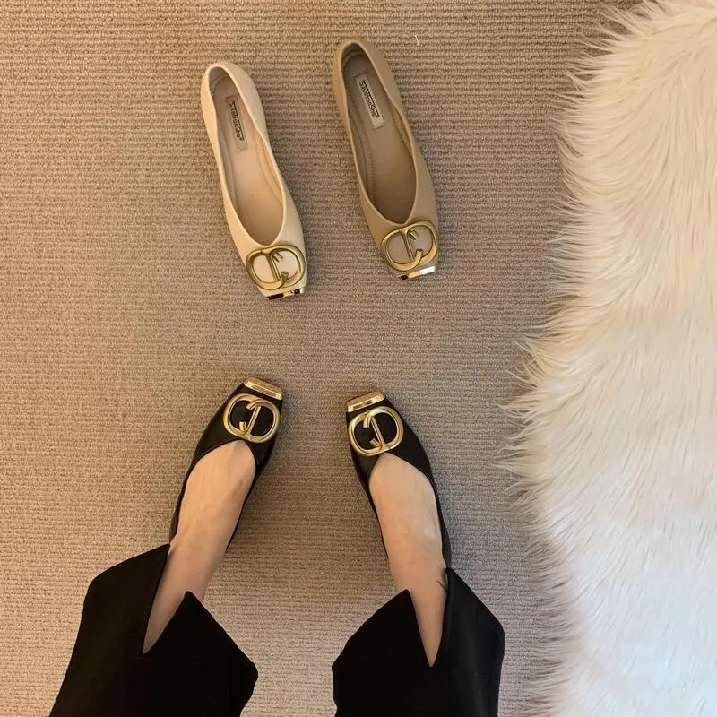 Churchf Churchf Women 2025 Spring New Design Sense Of Niche Soft Leather Light-Mouthed Metal Buckle Shoes Flat-Soled Grandmother Shoes