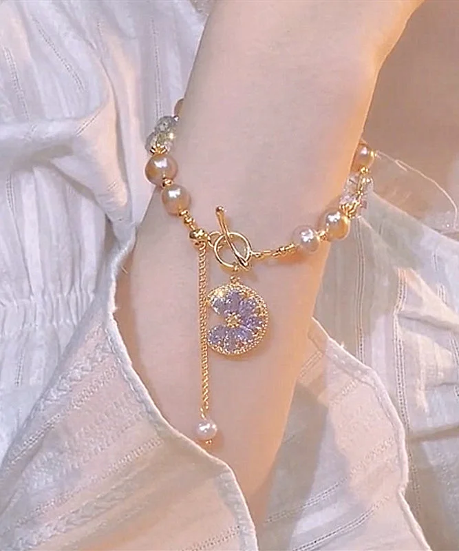 Regular Purple Sterling Silver Overgild Crystal Pearl Tassel Charm Bracelet