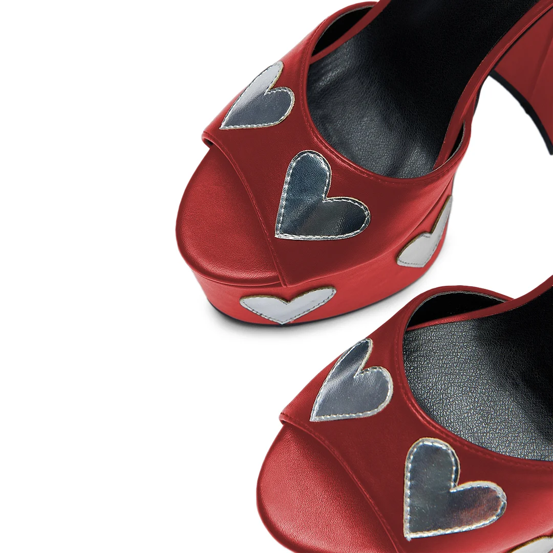 Shiny Vegan Leather Heart Patch-Work Platform Sandals in Maroon