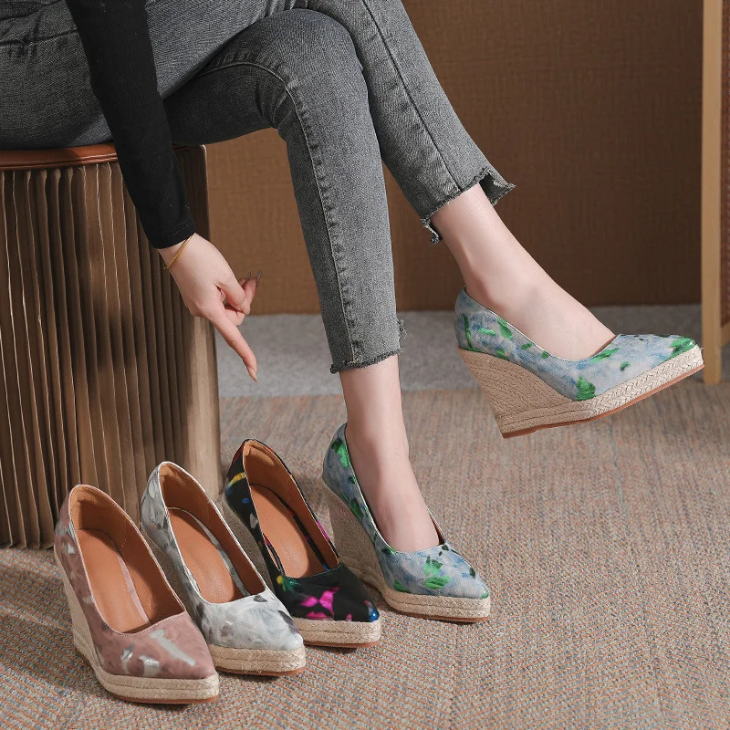 Wongn Wongn And Autumn New Slope Heel Thick Bottom Tip Shallow Mouth High Heel Women's Single Shoes Color Thick Heel Grass Hemp Rope Bottom Large Size