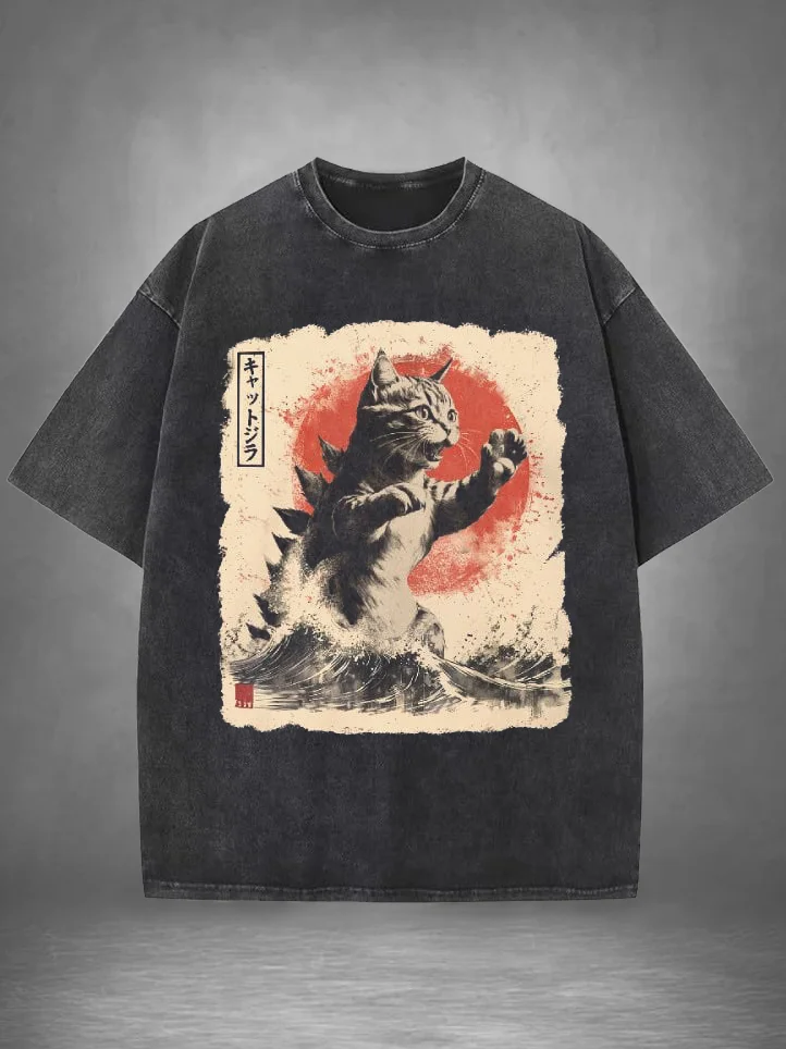Men's Retro Japanese Art Great Wave Cat Print Cotton Washed T-Shirt