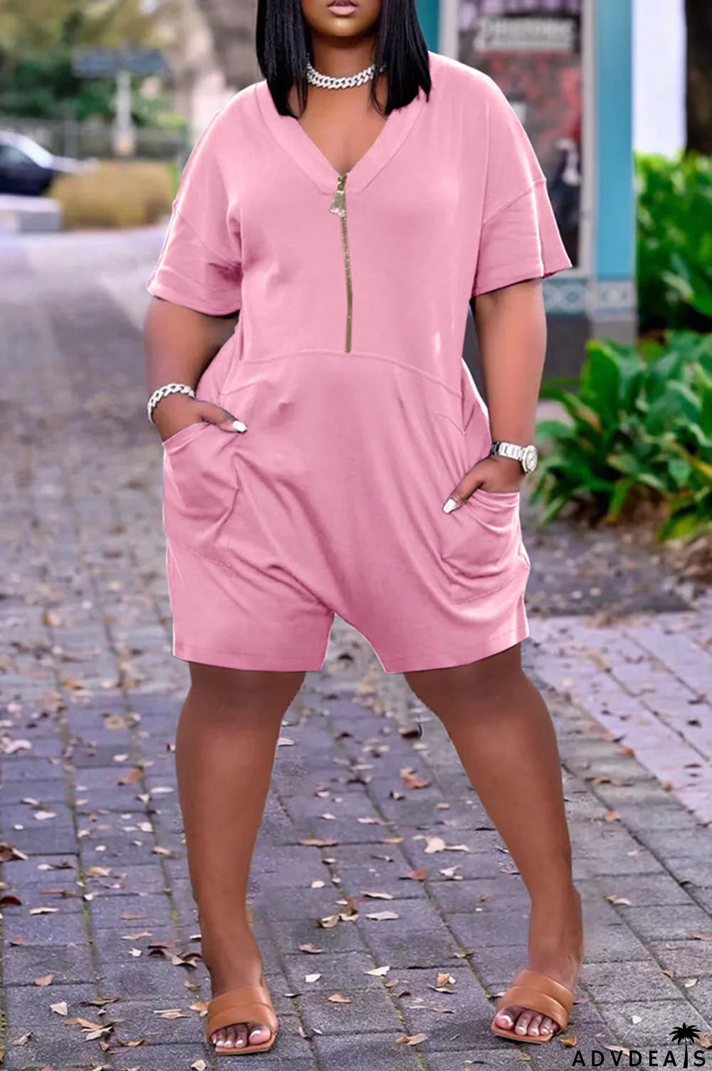 White Fashion Casual Solid Pocket V Neck Loose Romper