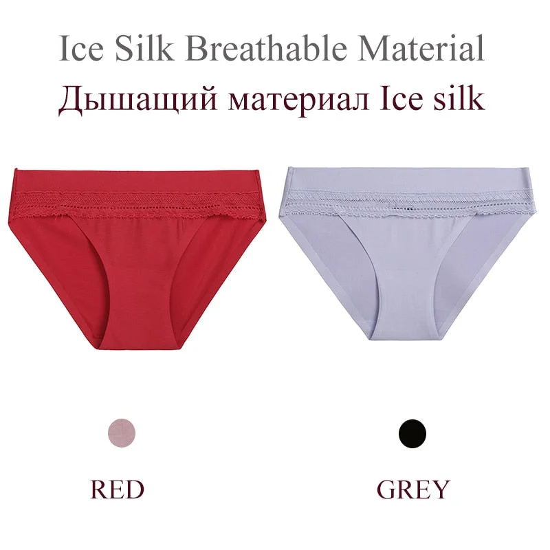 FINETOO 2PCS/Set Woman Lace Sexy Panties Ice Silk Women Underwear Seamless Low-Rise Lingerie Female Breathable Girls Panty 2021
