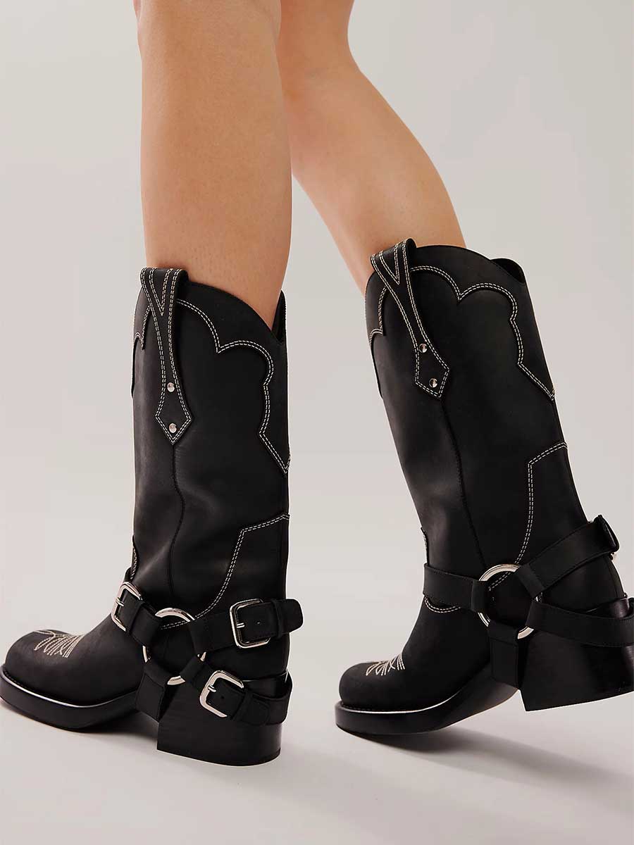 Black Vegan Leather Round Toe Buckled Studded Platform Cowgirl Boots 