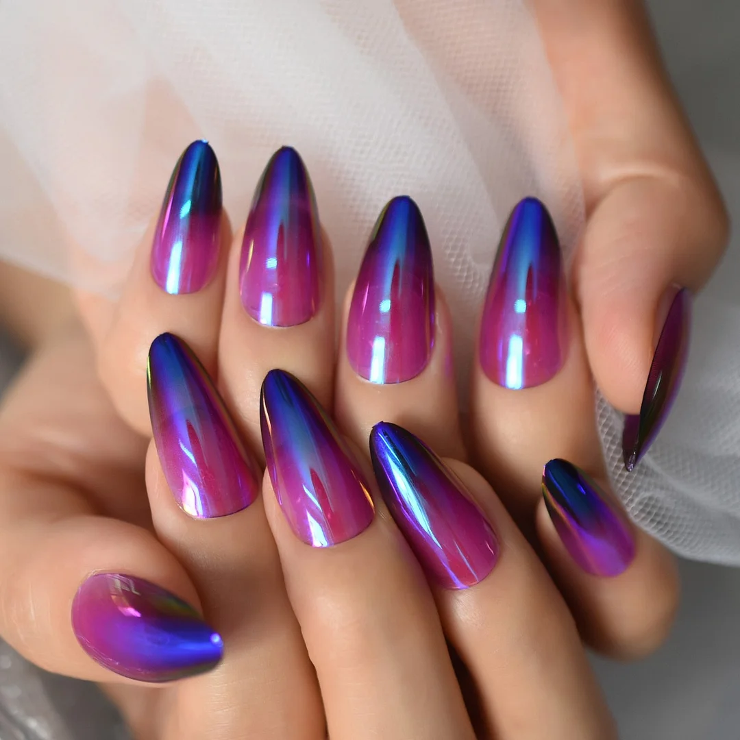 Purple To Dark Blue Fading Nail Translucent Medium Almond Press On Full Cover Fingernail Manicure Supplies For Professionals Set