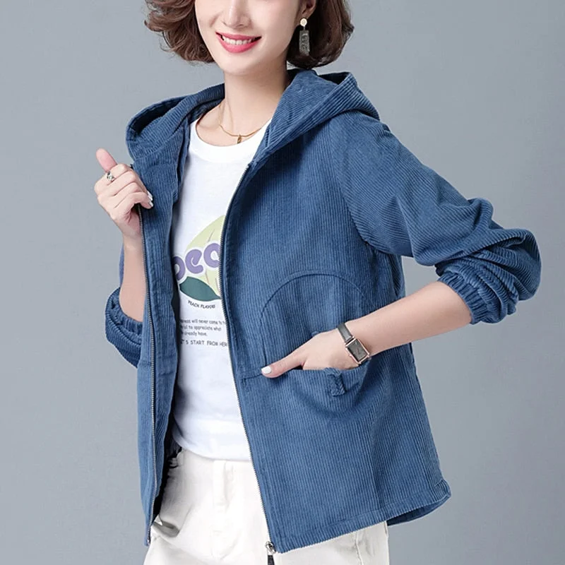 Zoki Autumn Women Corduroy Jacket Fashion Hooded Zipper Loose Female Coat Causal Plus Size Korean Long Sleeve Ladies Outwear