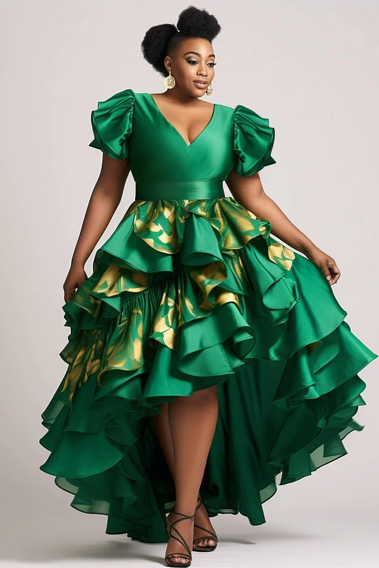 Xpluswear Design Plus Size Semi Formal Tiered Elegant Green Floral V Neck Petal Sleeve Short Sleeve Ruffle Satin Midi Dresses