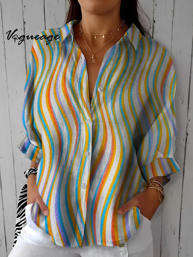 Fashionable Colorful Wavy Vertical Lines Printed Cotton And Linen Shirt
