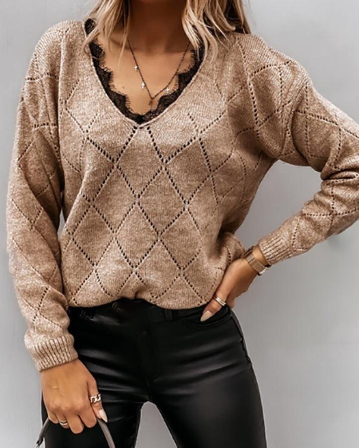 Lace Trim Hollow-out Long Sleeve Knit Sweater P13014