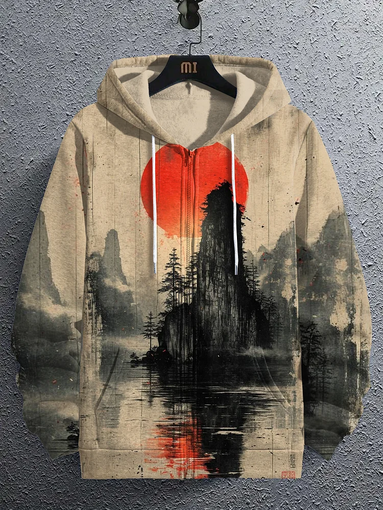 Men's Retro Ink Painting Sunset Landscape Print Hooded Zip Up Jacket