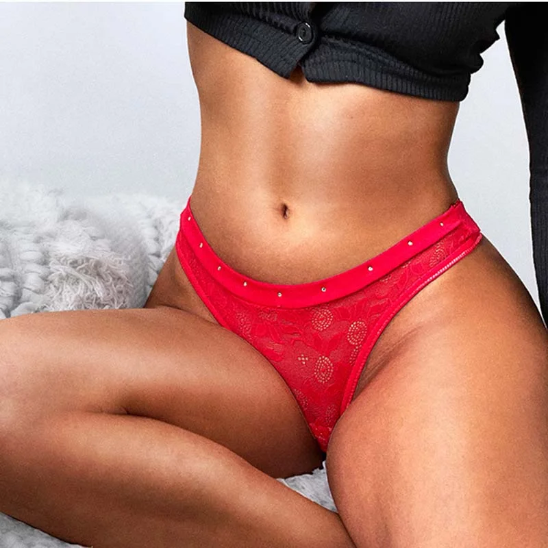 Meet'r Women Drill Thong Sexy Lace Lingerie Low-Waist Panties Transparent Briefs Hollow Out Temptation Underwear Female G String