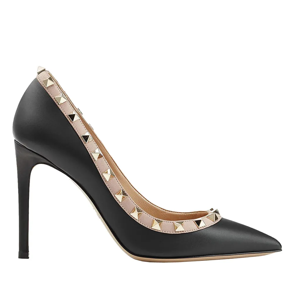 100mm Women's Sexy Pointy Toe Studs Stilettos High Heels Rivets Shoes Black Matte-vocosishoes