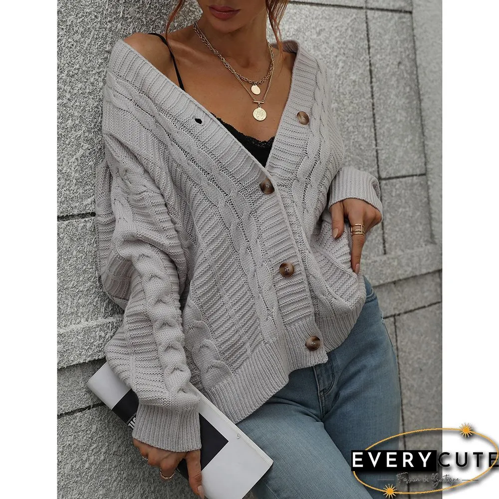 Light Gray Button Loose Cable Knitted Cardigan