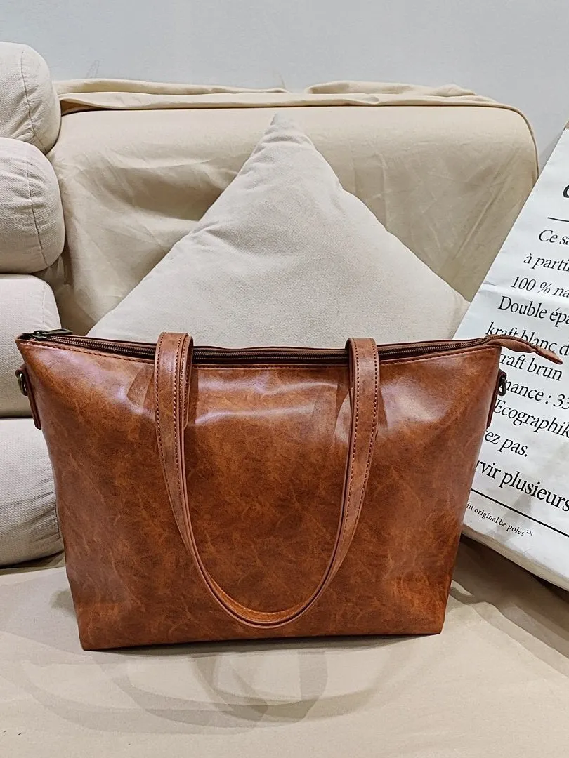 European and American vintage oil wax leather large capacity tote bag