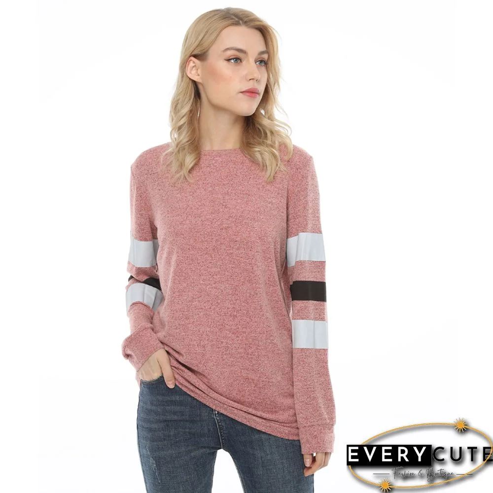 Pink Cotton Blend Colorblock Long Sleeve Tops