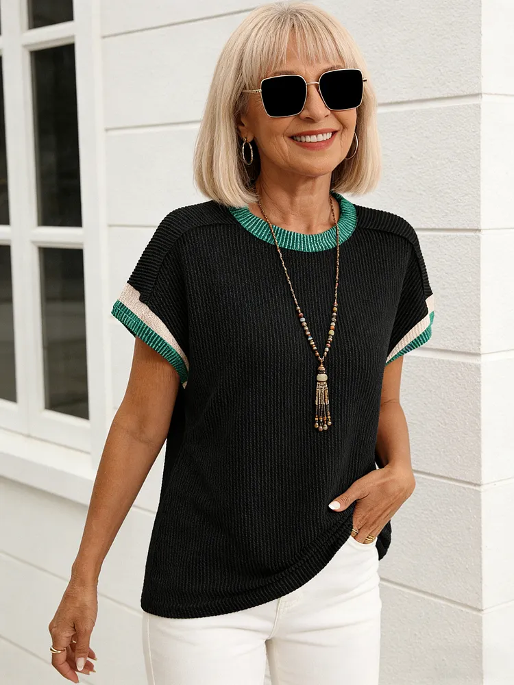 Round Neck Outer Seam Twist Strip Short Sleeve Loose Color Matching T-shirt