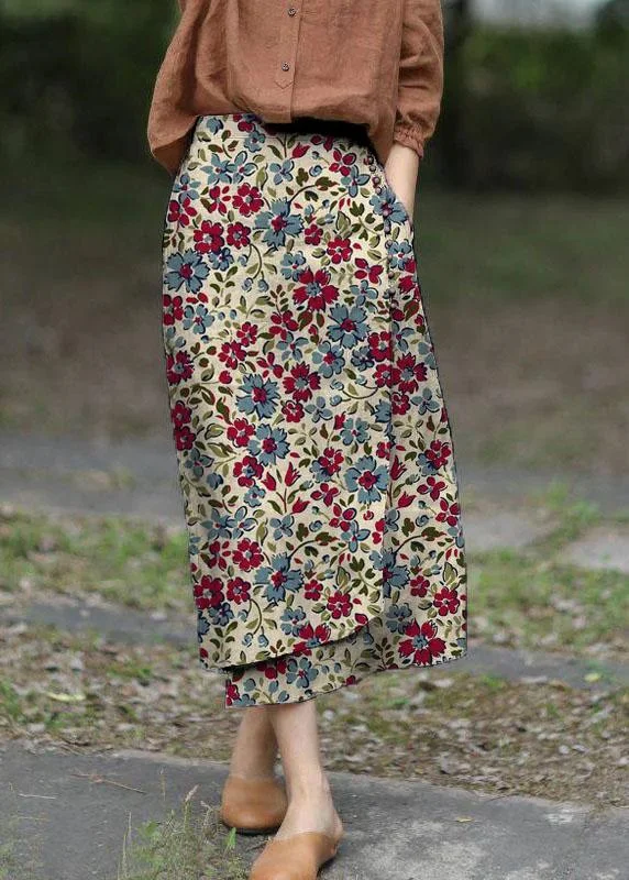 Women's Red Floral Print Linen Pocket Skirt