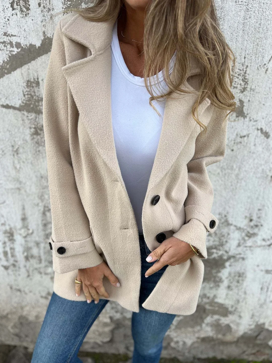 Nigikala Nigikala Autumn And Winter New Women's Wool Coat Casual Loose Collar Fake Pocket Open Shirt