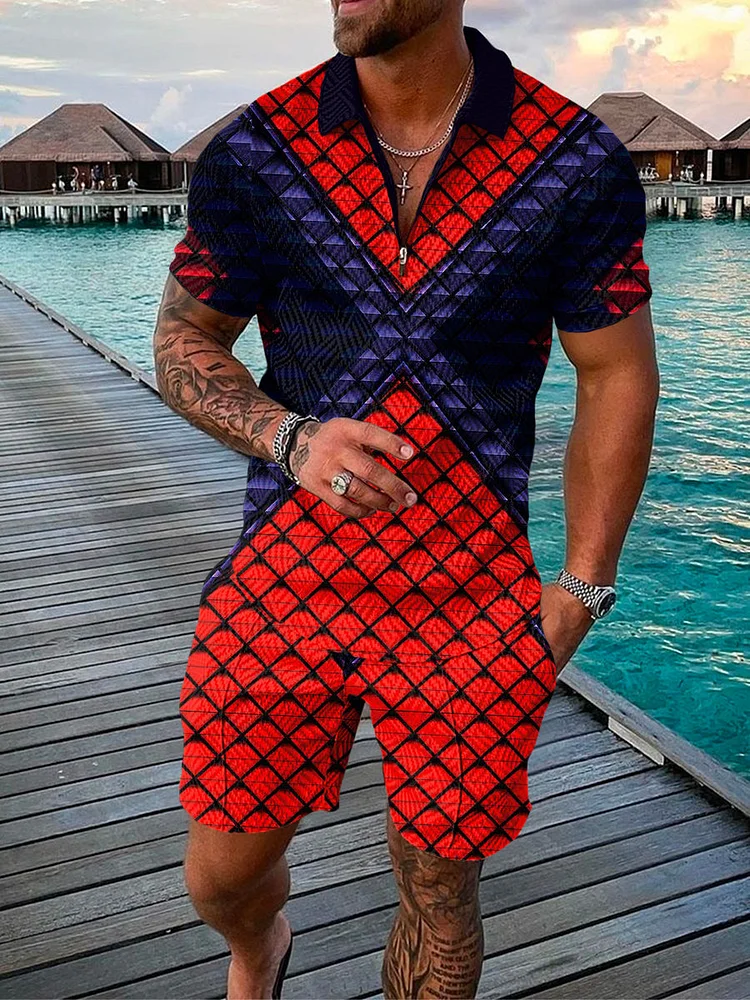 Men's Fashion Printed Zip Polo Shirt and Shorts Two-Piece Suits