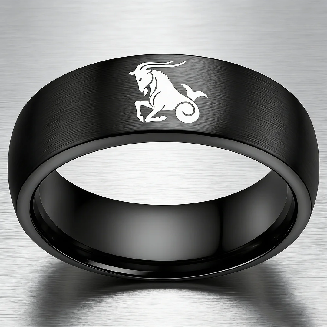 4MM 6MM 8MM Black Capricorn Tungsten Carbide Rings Prints Laser Design Domed Top Tungsten Wedding Bands