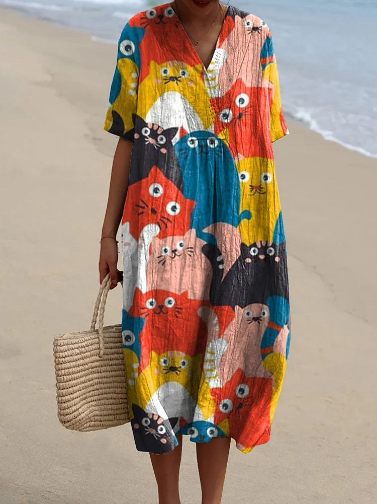Women's Cat Contrasting Color Geometry Art Print Flowy Dress