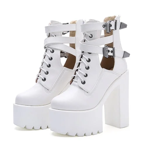 Gdgydh Sexy Buckle Womens Nightclub Shoes High Heels Hollow Out Ankle Boots Platform Heels Gothic Black Leather Short Boots Lady