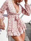 Plunging Floral Printed Long Sleeves Mini Dress