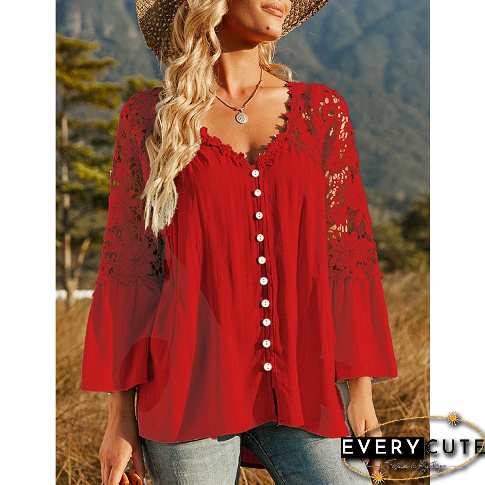 Red Lace Crochet V Neck Long Sleeve Blouse