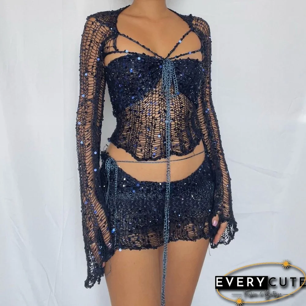 Sexy Sequin Knitted Sweater Three Piece Skirt Sets