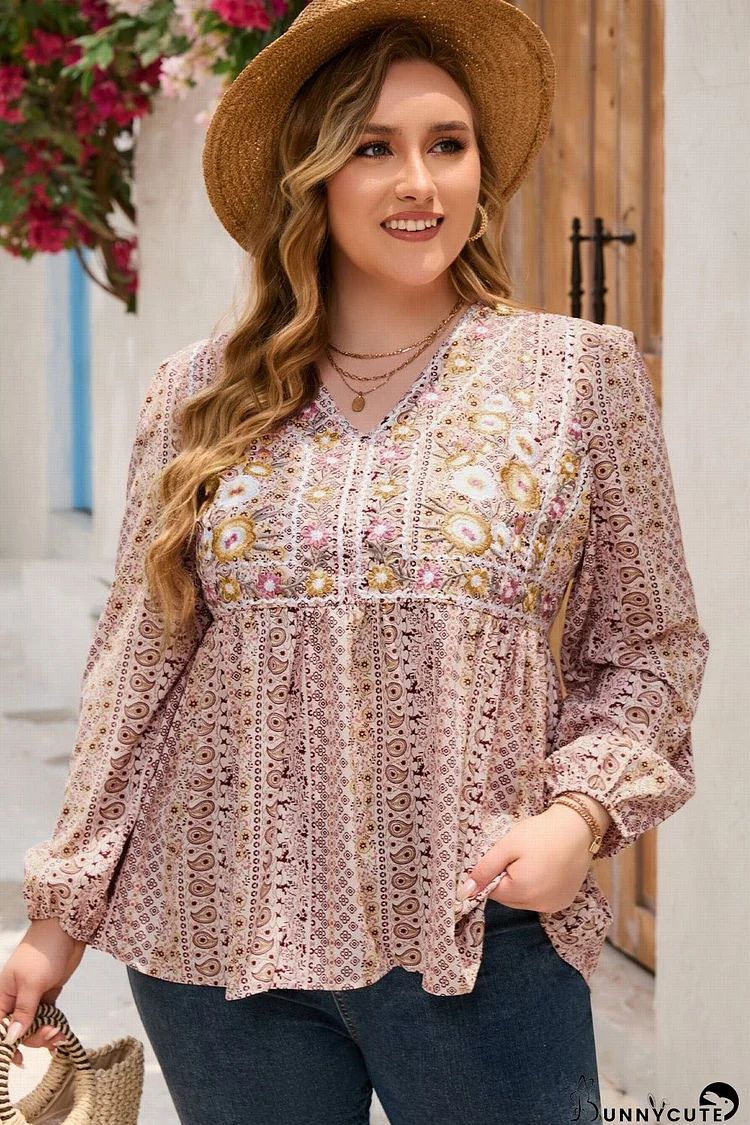Plus Size V-Neck Printed Long Sleeve Blouse