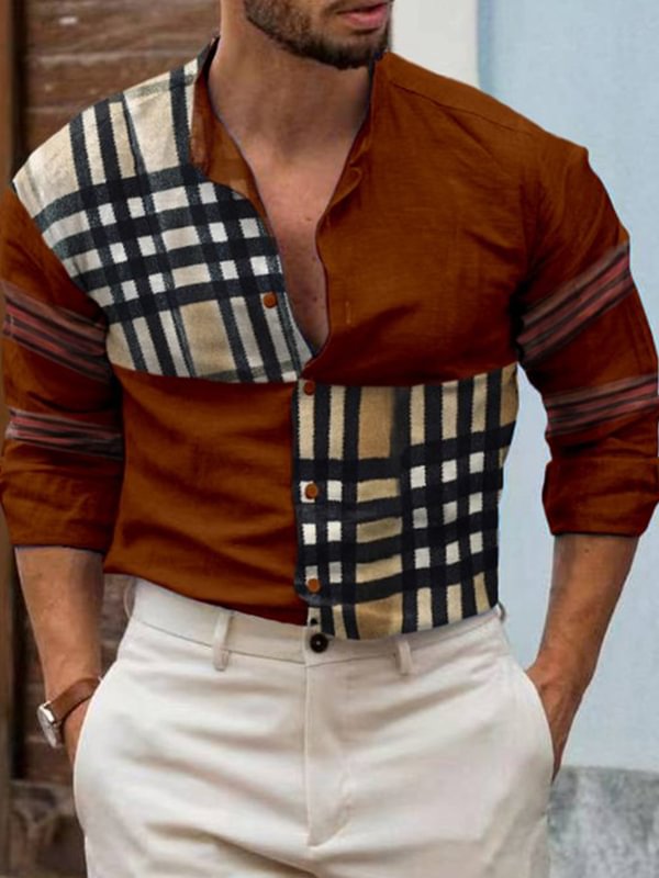 Men's Plaid Stitching Stand Collar Fashion Shirt