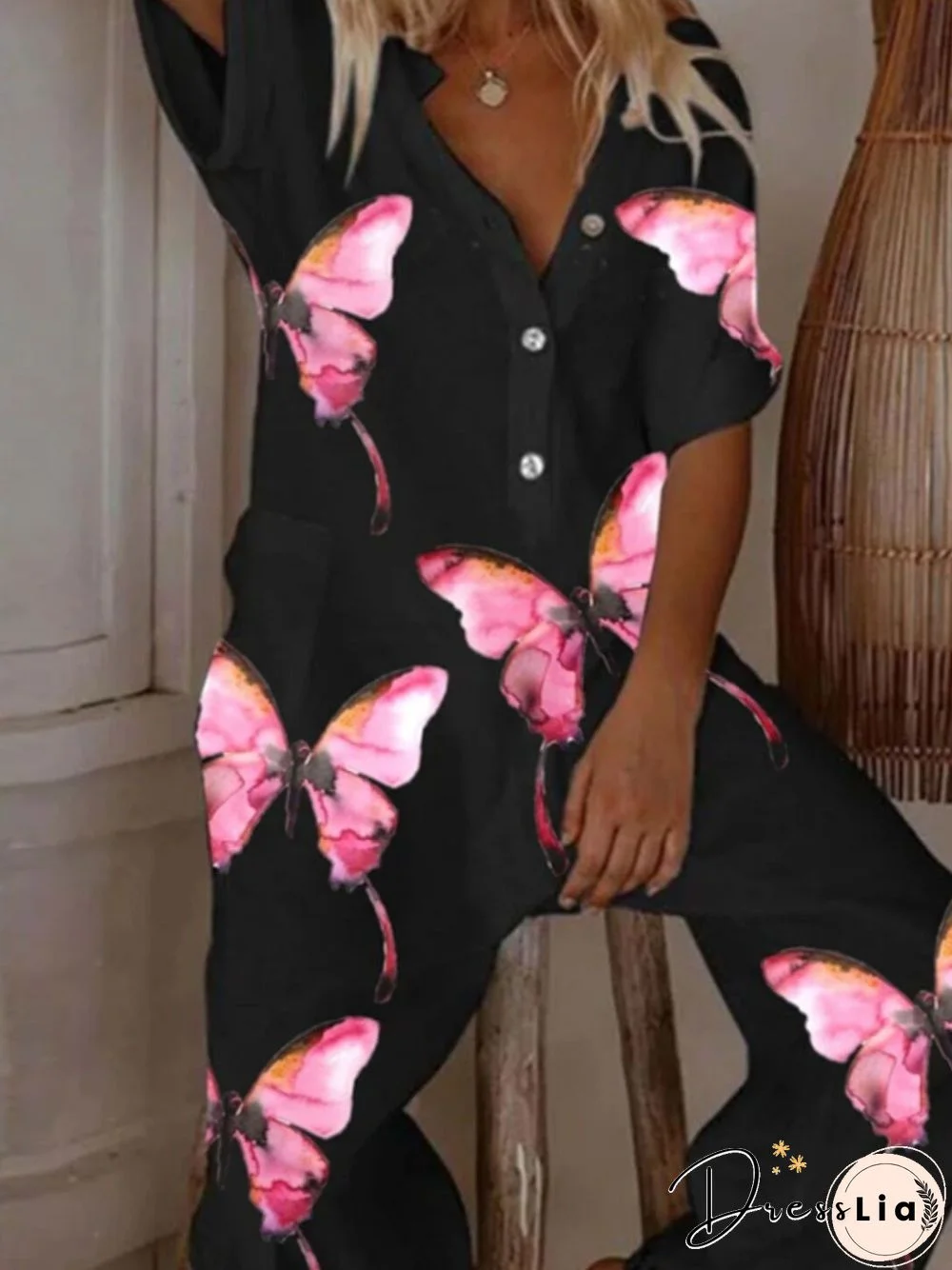 Pink Butterfly Women Loose Black Jumpsuit