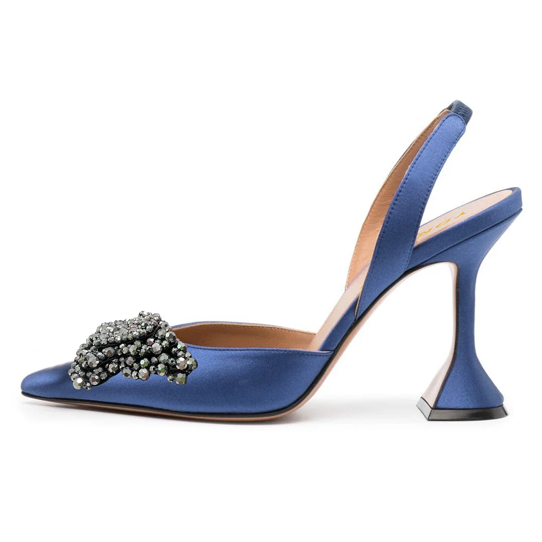 Blue Satin Pointed Beads Embellished Butterfly Inlay Slingback Pumps