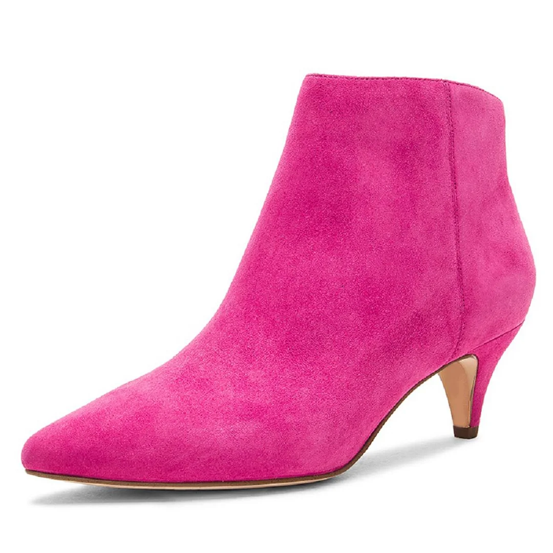 Fuchsia Faux Suede Pointed Toe Ankle Boots Kitten Heel Booties Nicepairs