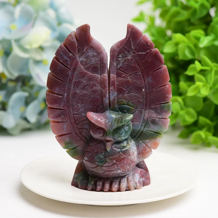 4.5" Ocean Jasper Moss Agate Owl Crystal Carving