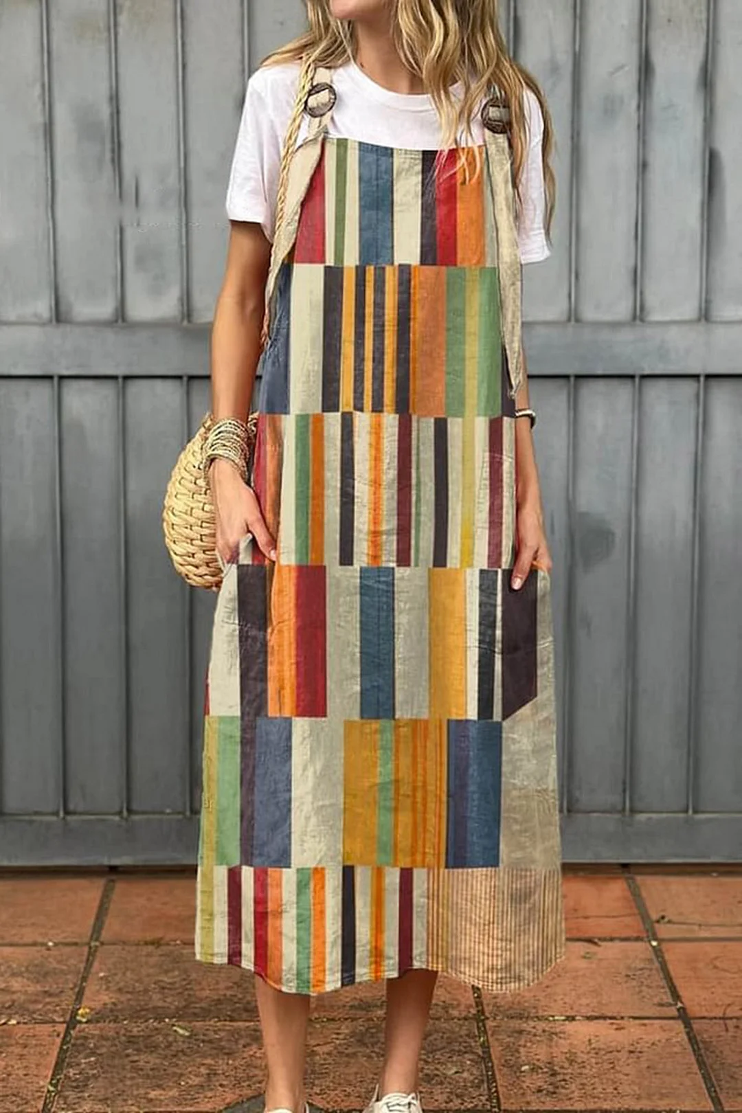 Women's Abstract Geometric Pattern Art Print Cotton Pocket Suspender Dress